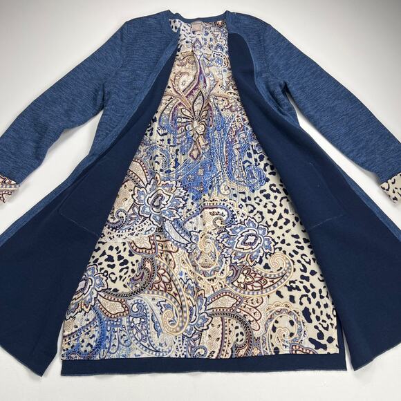Chico's Heathered Blue Long Cardigan Leopard & Paisley Trim Chico's Size 1 (M/8) - Picture 8 of 14